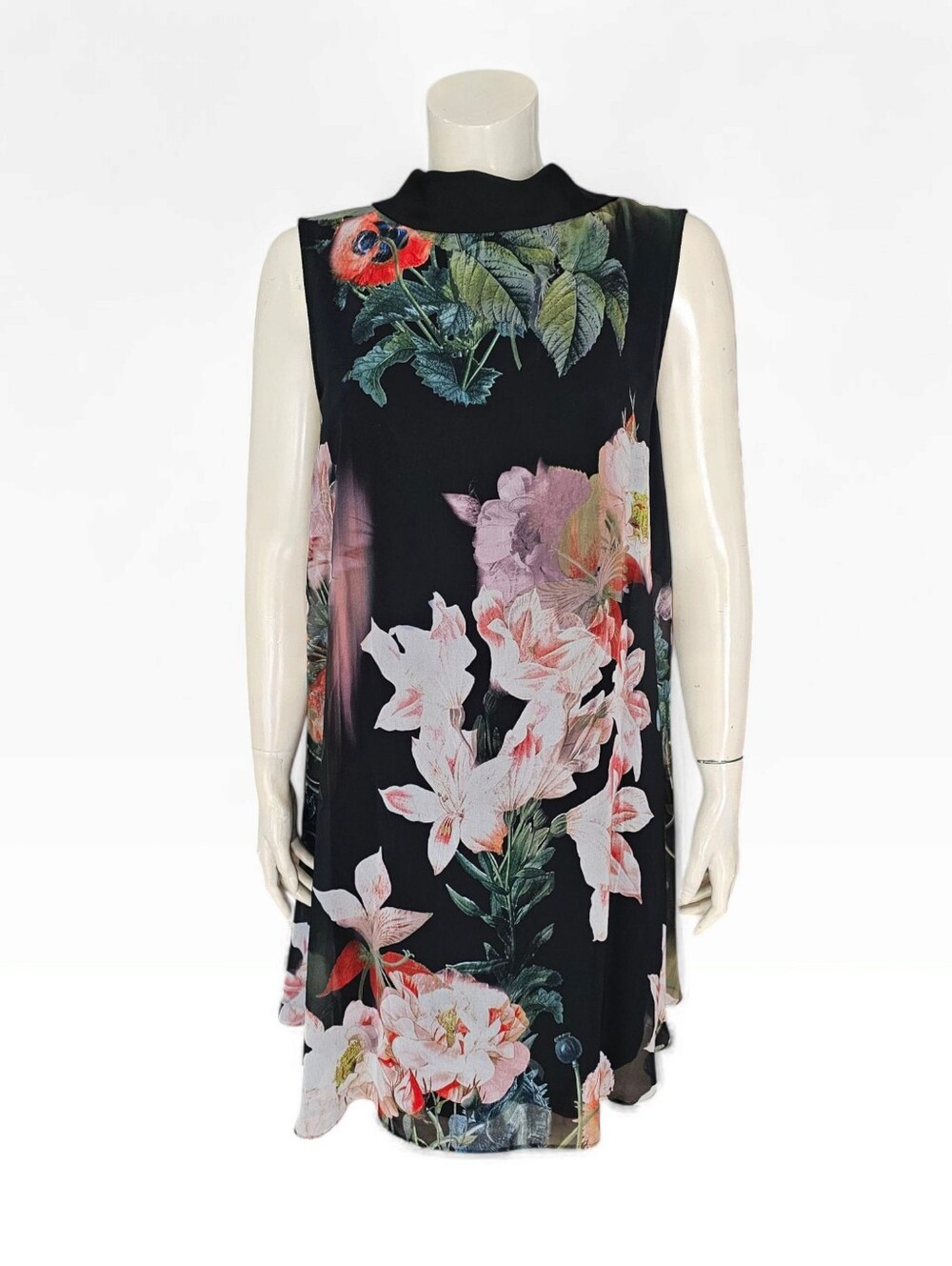 TED BAKER Black Opulent Bloom Floral Chiffon Overlay Bodycon Dress US L